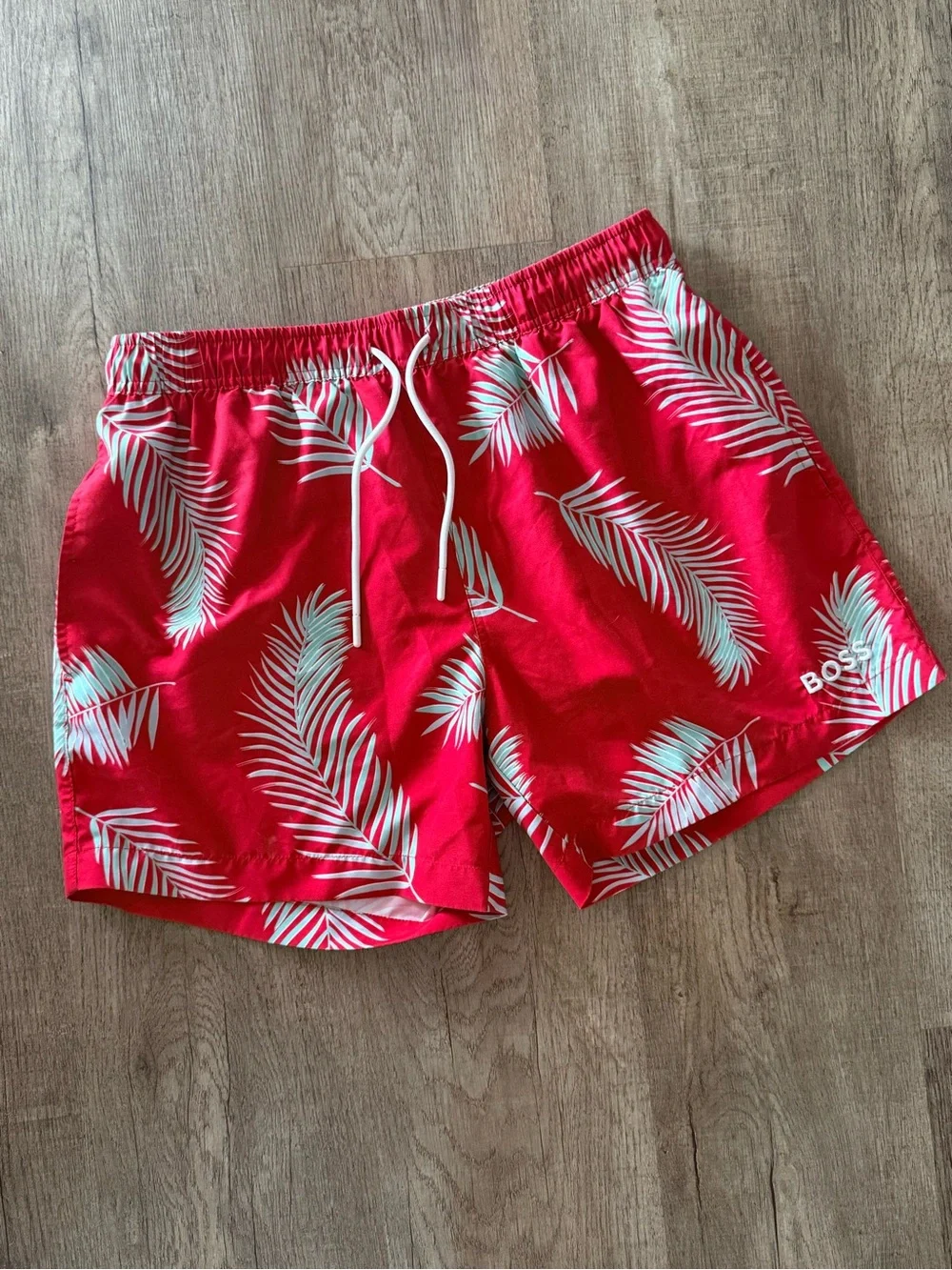 BOSS Red Swim Shorts with White Palm Print
